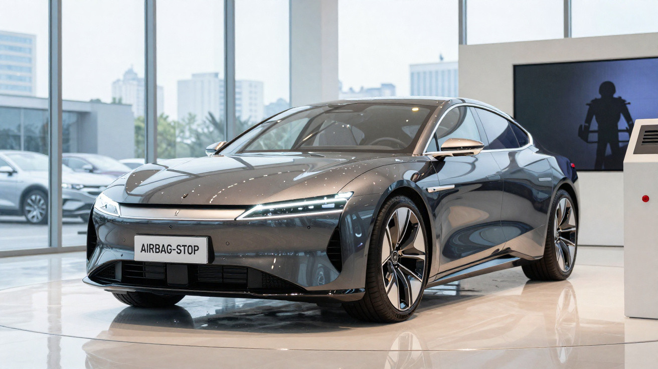 Carro esportivo elétrico cinza estacionado em piso brilhante dentro de showroom moderno com grandes janelas.