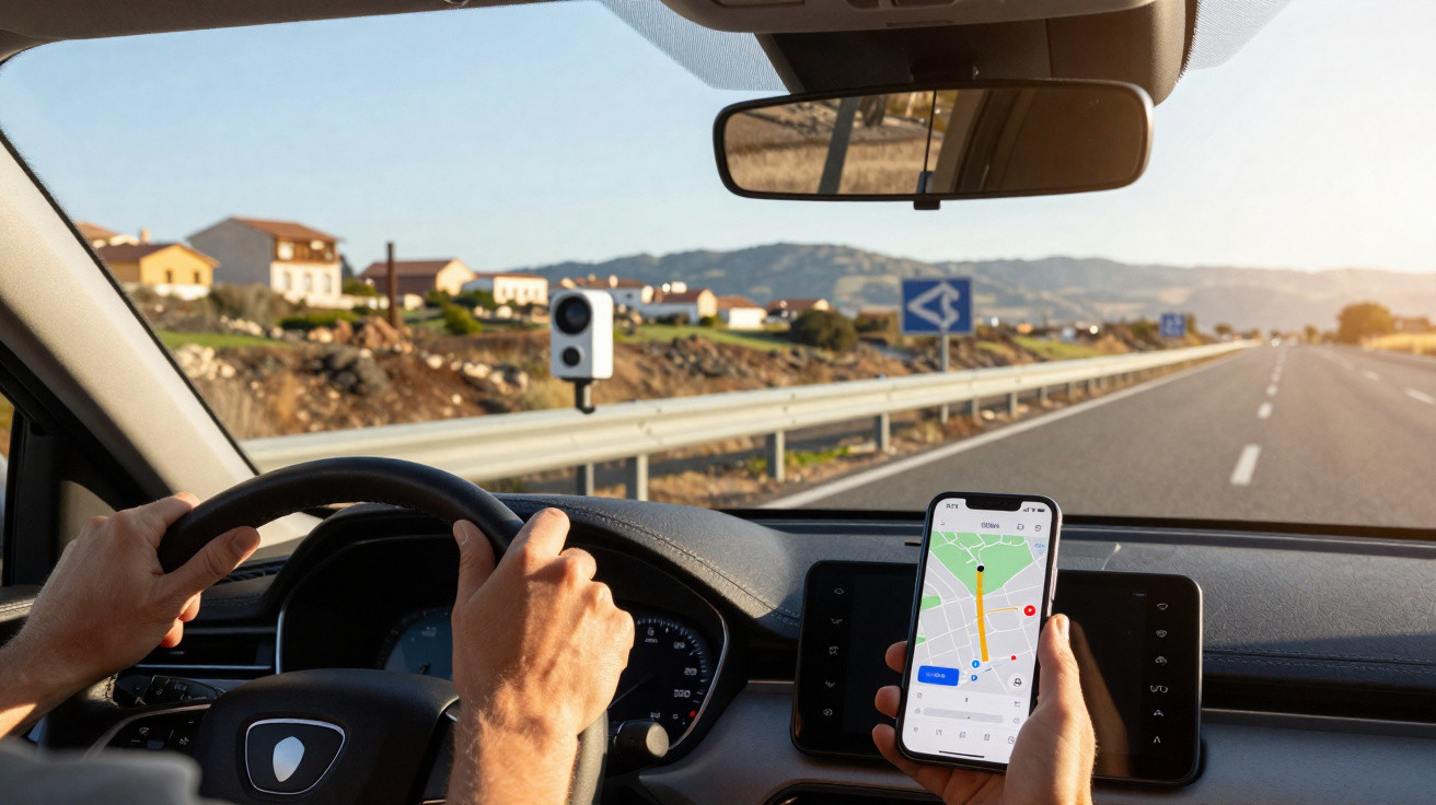 Pessoa dirigindo carro em estrada com celular mostrando mapa de navegação.