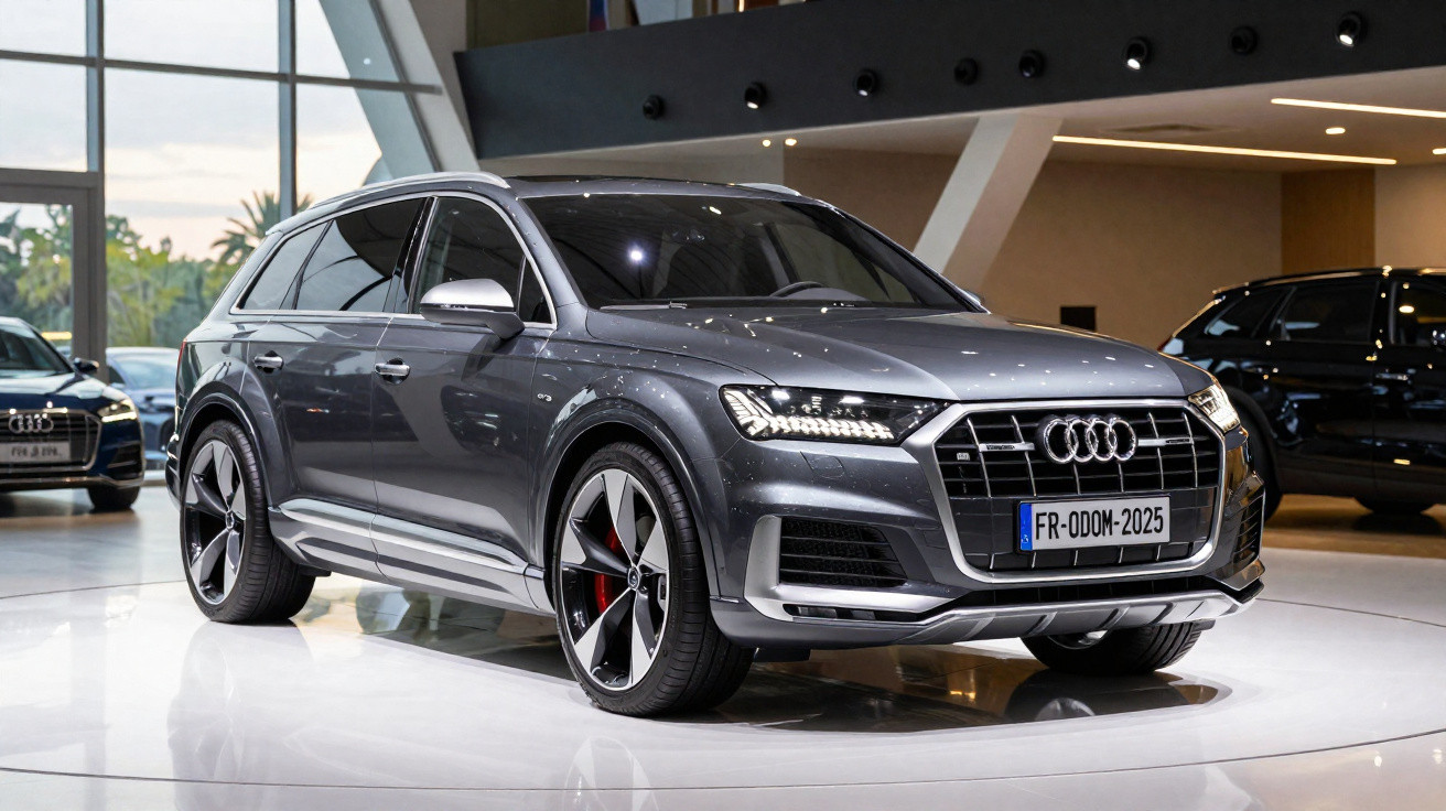 SUV Audi cinza estacionado em showroom moderno com iluminação interna e piso branco brilhante.