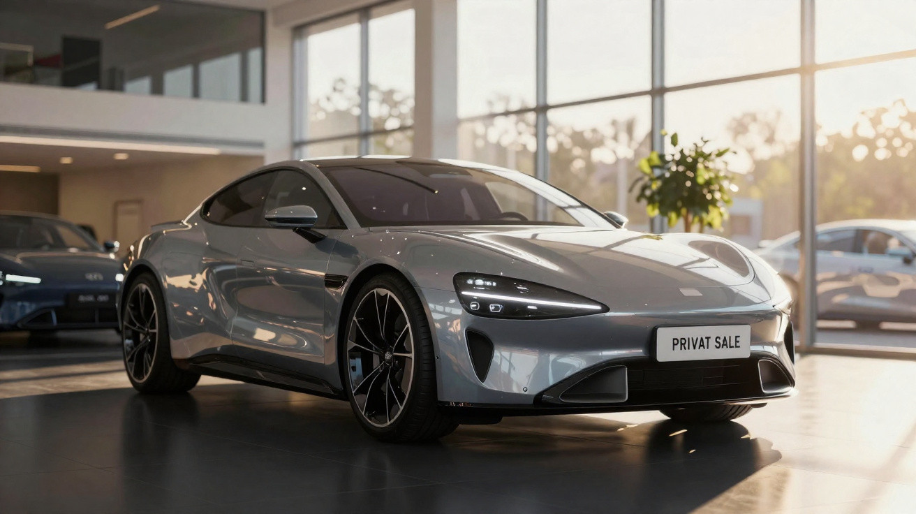 Carro esportivo cinza com faróis acesos em showroom moderno com grande janela e luz natural.
