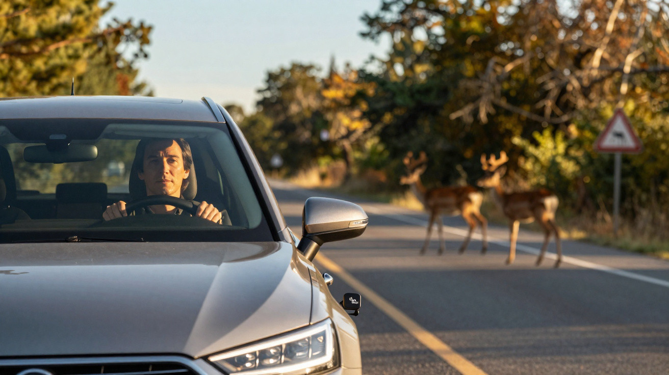 Motorista atento ao volante com cervos cruzando a estrada em área arborizada ao entardecer.