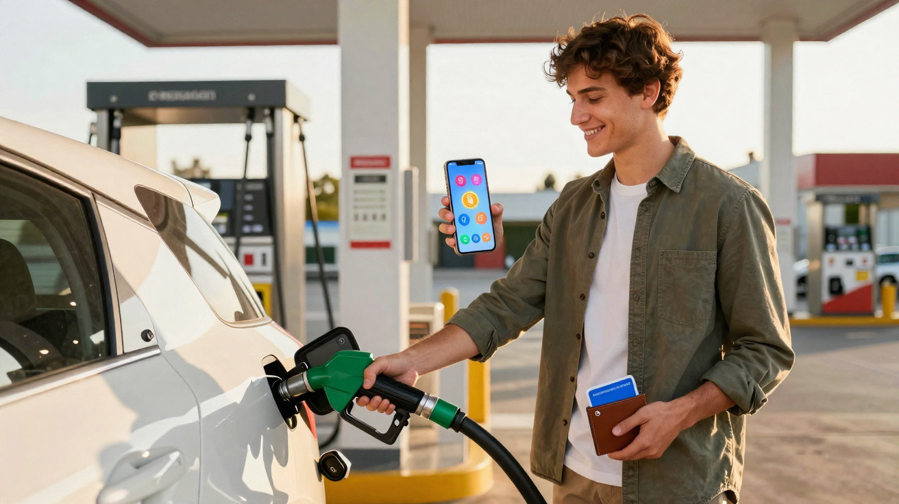 Jovem sorridente abastecendo carro com bomba verde e segurando celular exibindo aplicativo em posto de gasolina.