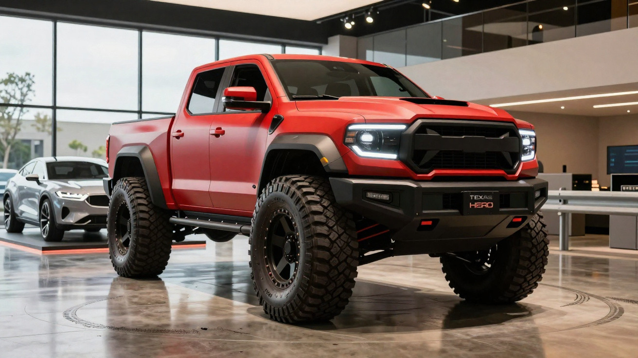 Picape vermelha robusta com pneus off-road em showroom moderno e espaçoso.