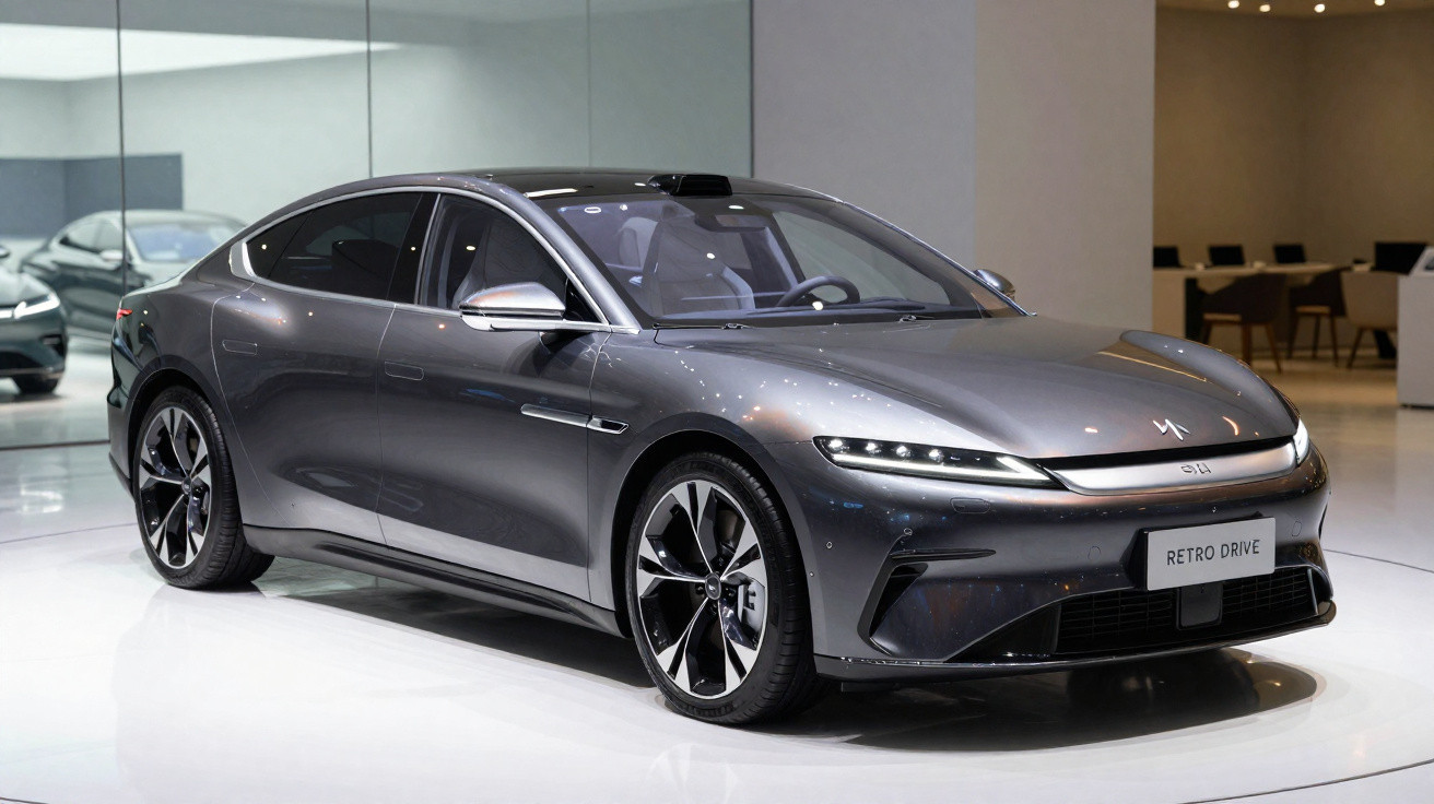 Carro elétrico cinza metálico moderno exibido em showroom com design aerodinâmico e rodas esportivas.