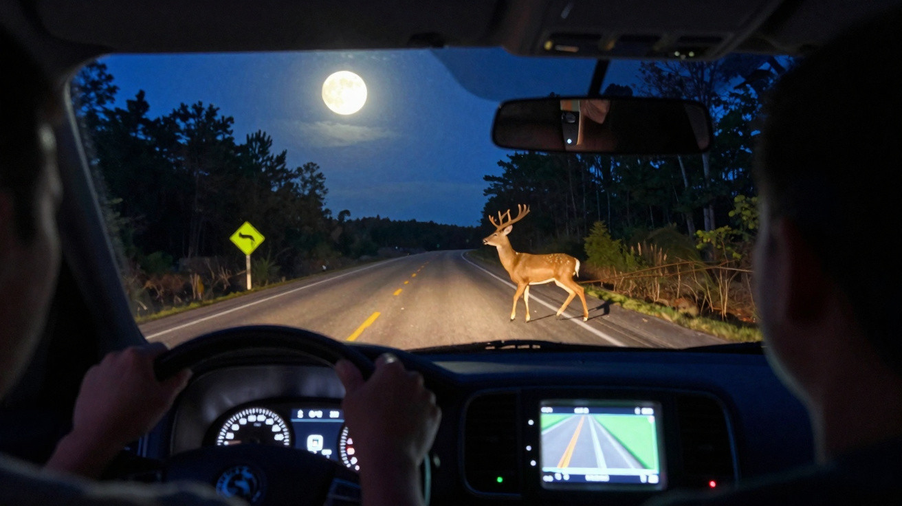 Motorista em estrada à noite, luz do veículo iluminando um veado cruzando a pista sob a lua cheia.