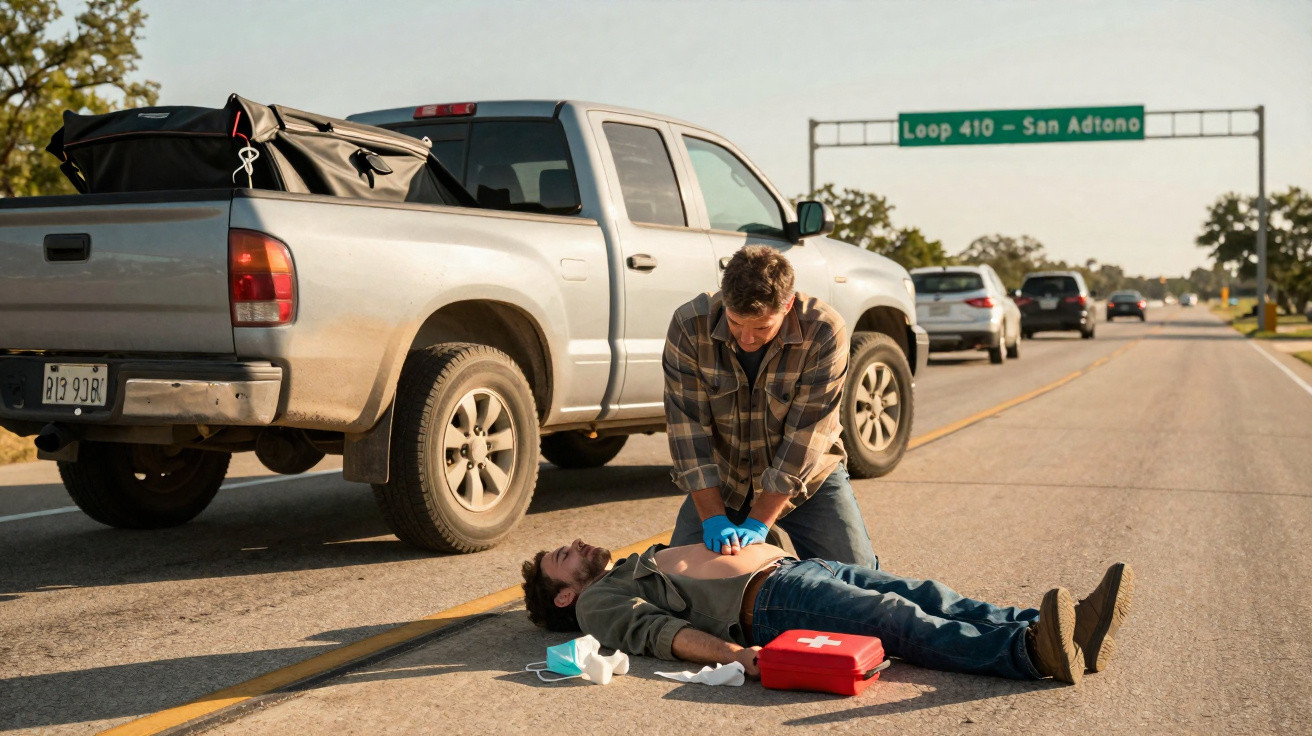 Homem realiza massagem cardíaca em vítima caída na estrada ao lado de caminhonete prata com kit de primeiros socorros.