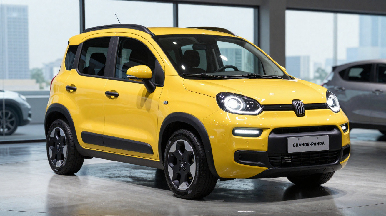 Carro compacto amarelo Fiat Grande Panda em exposição interna com teto preto e rodas pretas.