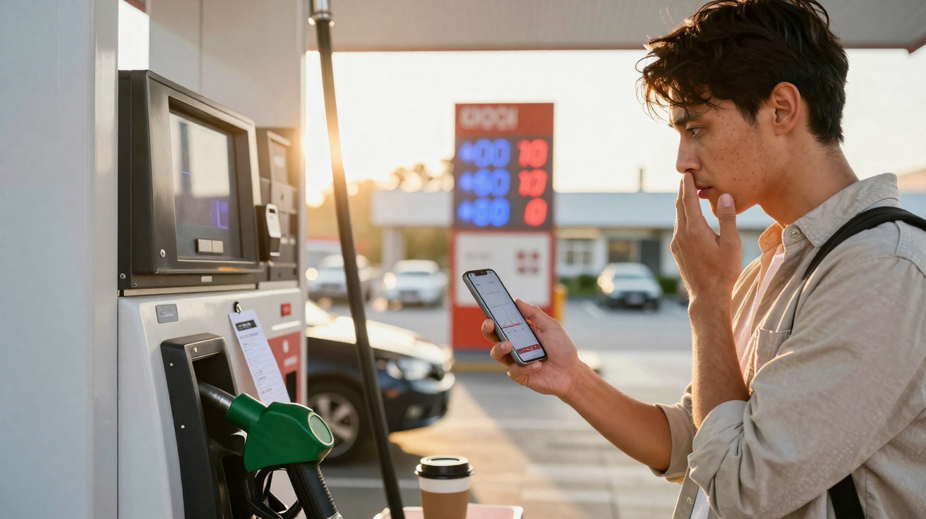 Homem olhando para celular com expressão preocupada enquanto abastece veículo em posto de gasolina.