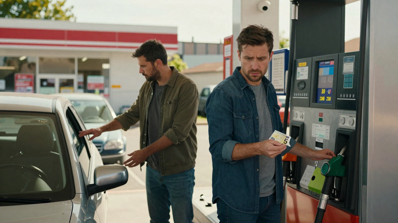 Dois homens em posto de gasolina, um pagando e outro próximo ao carro branco.