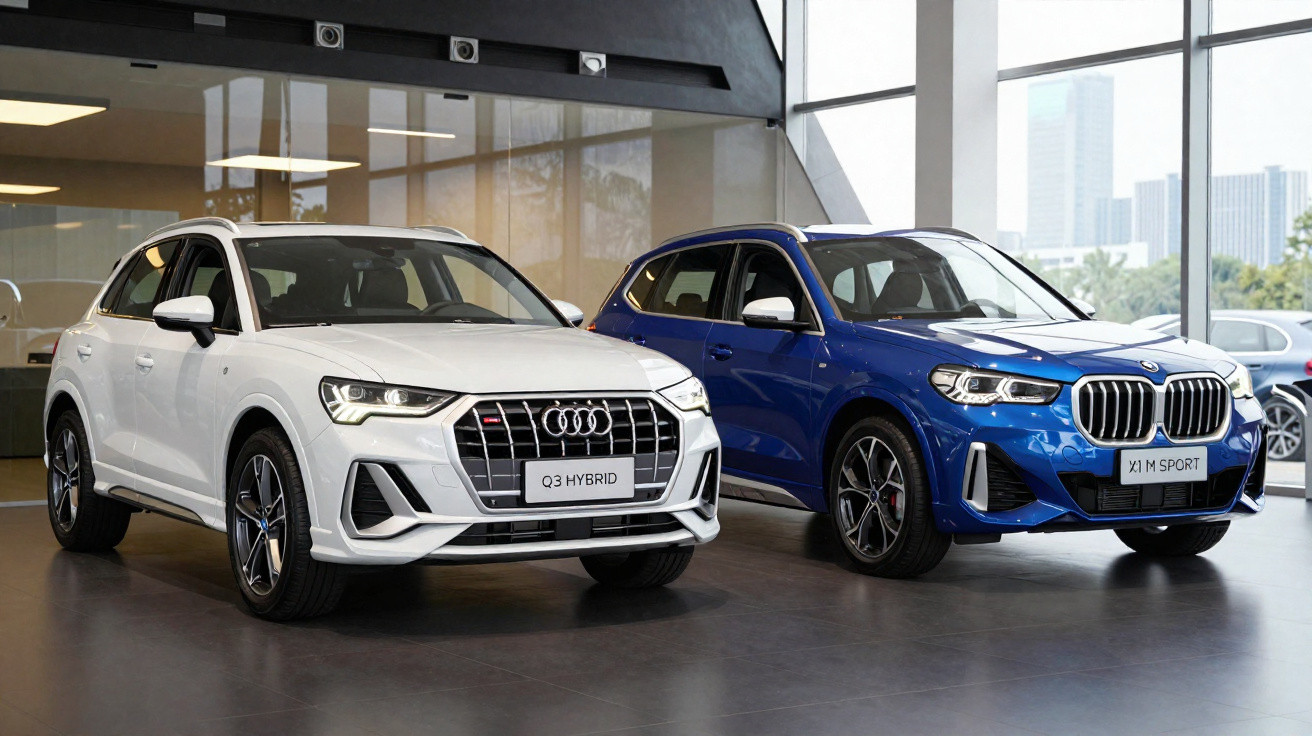 Dois SUVs novos em showroom, Audi Q3 Hybrid branco à esquerda e BMW X1 M Sport azul à direita.