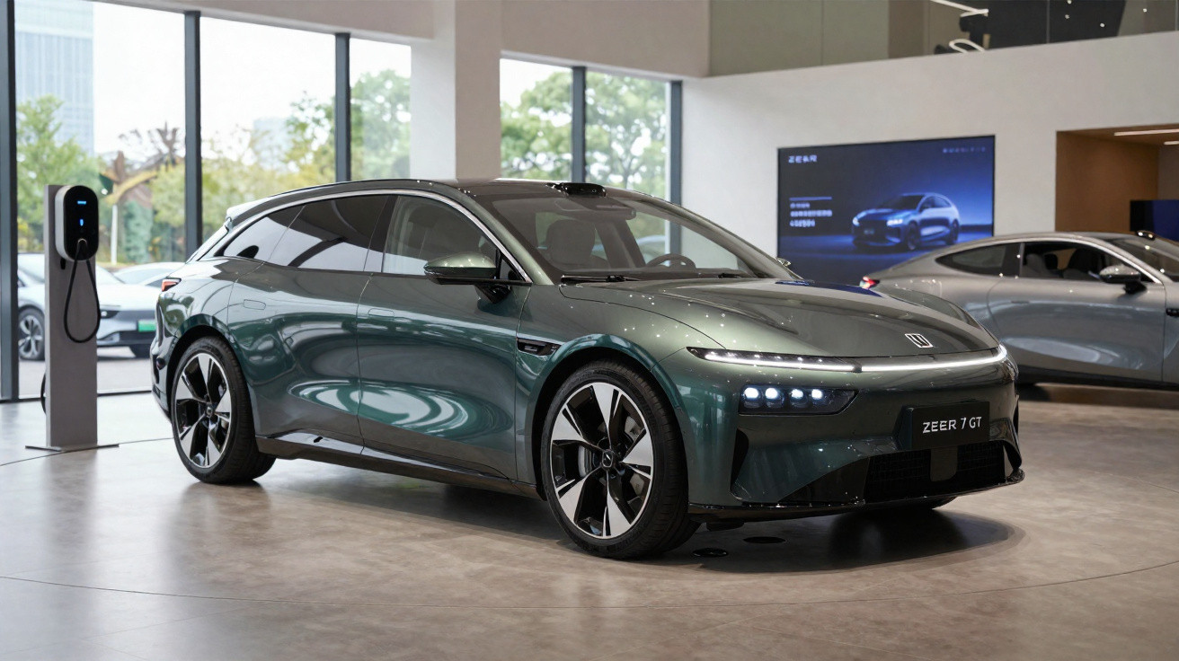 Carro elétrico Zeer 7 GT verde exibido em showroom moderno com estação de recarga ao fundo.