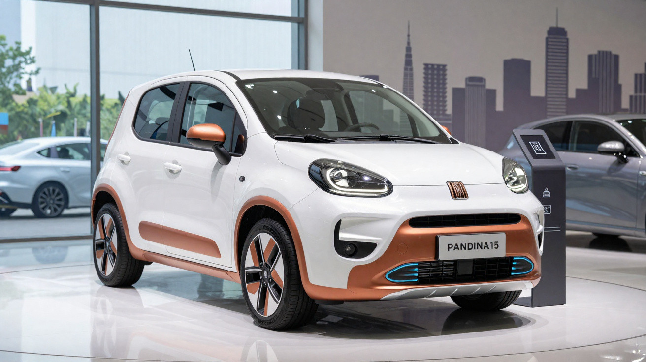 Carro branco compacto com detalhes em cobre exposto em salão automotivo moderno.
