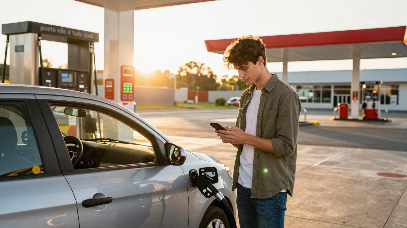 Jovem abastecendo carro em posto de gasolina ao pôr do sol enquanto usa celular.