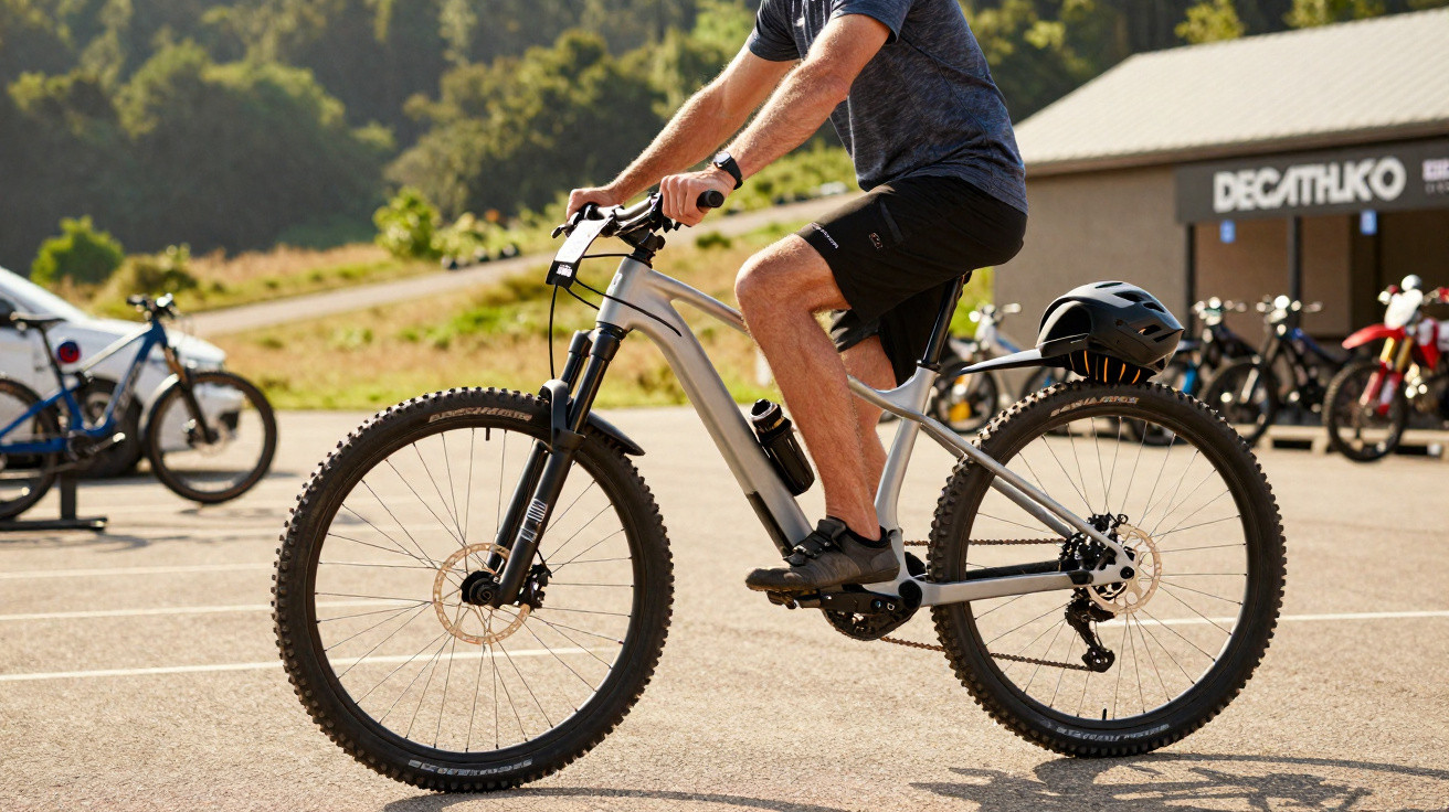 Pessoa pedalando bicicleta elétrica prata em estacionamento externo em frente a loja Decathlon
