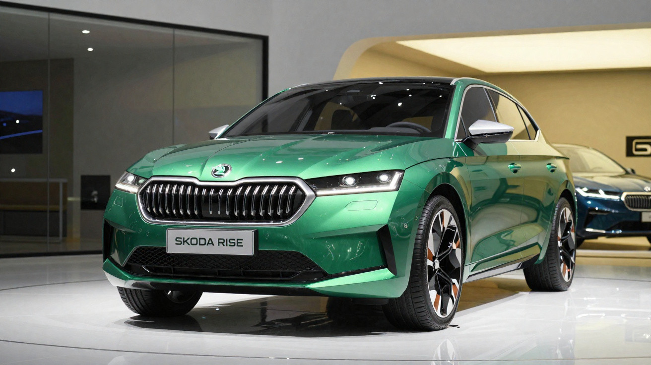 Carro sedan verde metálico Skoda Rise em exposição, com faróis acesos e design moderno.