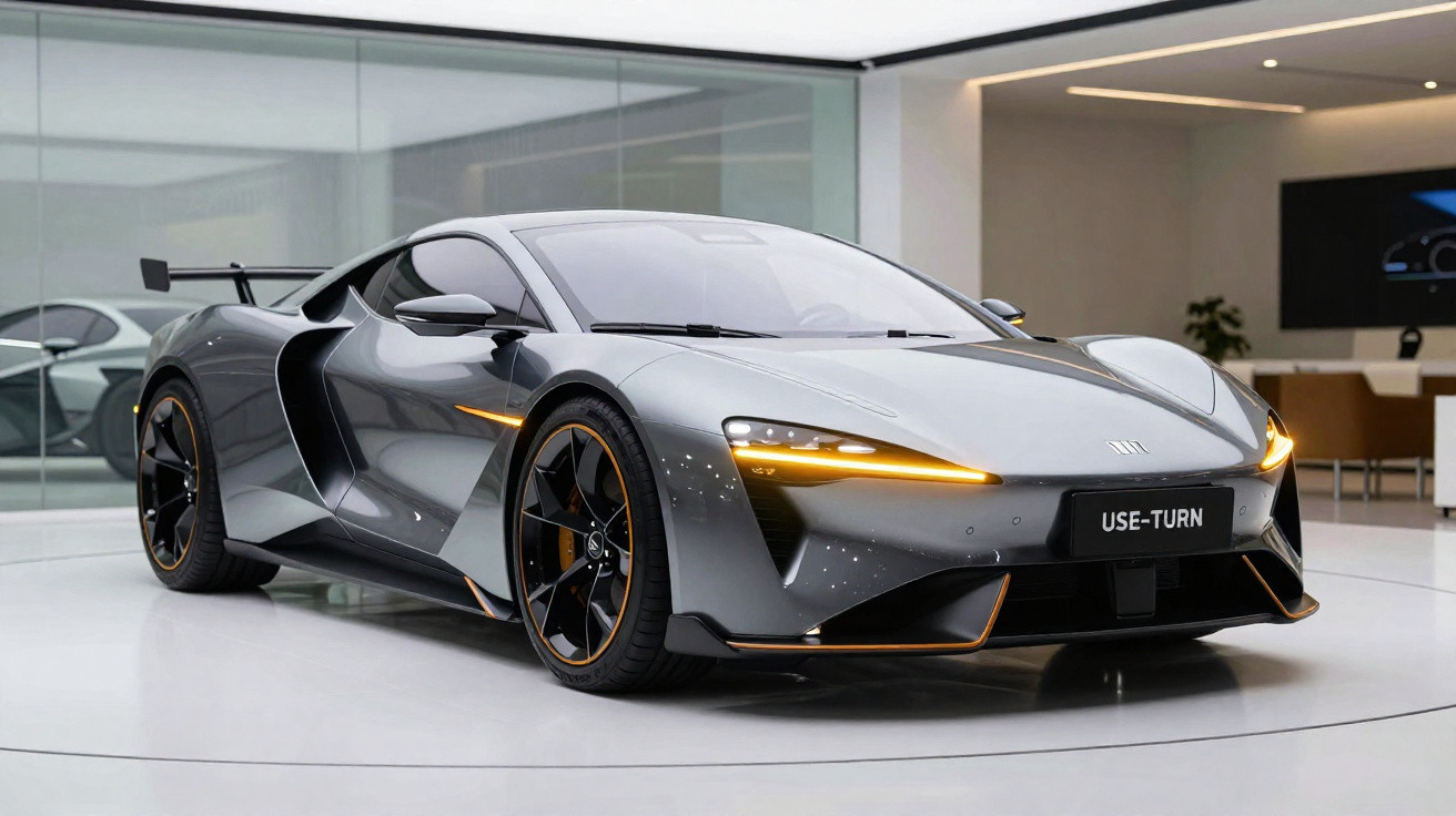 Carro esportivo cinza metálico com design aerodinâmico e luzes dianteiras amarelas em showroom moderno.