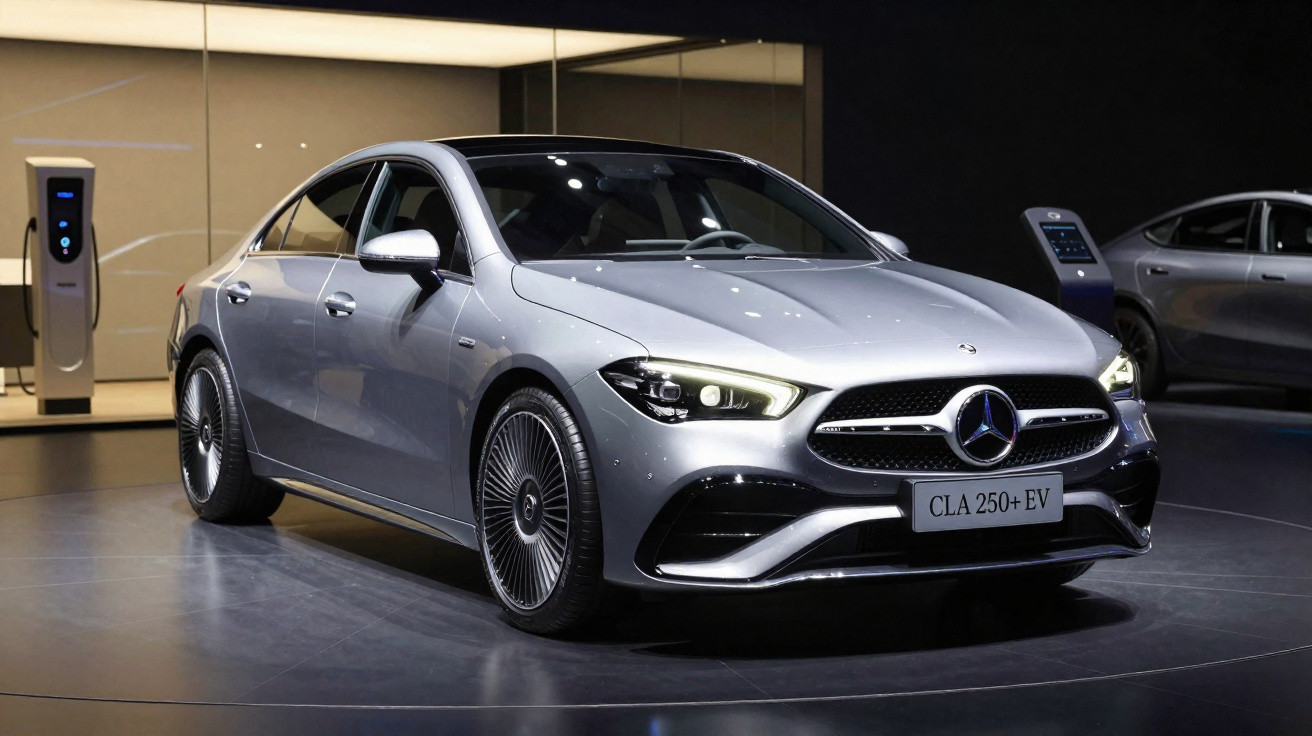 Carro elétrico Mercedes-Benz CLA 250+ EV cinza exibido em salão com carregadores ao fundo.