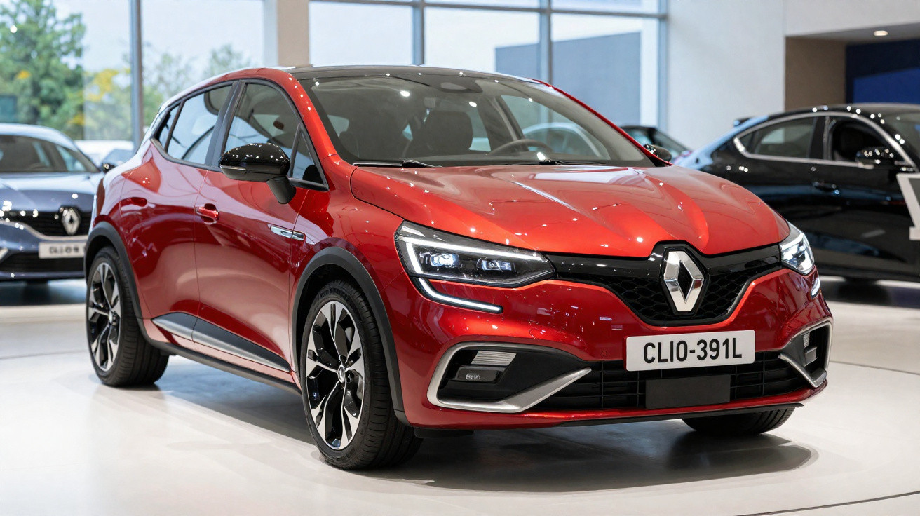Carro hatchback vermelho Renault Clio exposto em showroom com acabamento preto e rodas esportivas.