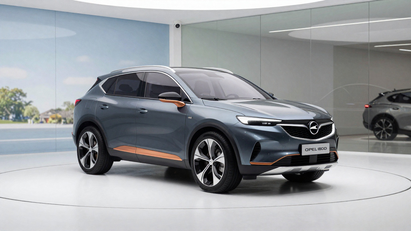 SUV elétrico Opel 180D cinza com detalhes laranja em estúdio moderno com chão branco e espelho.