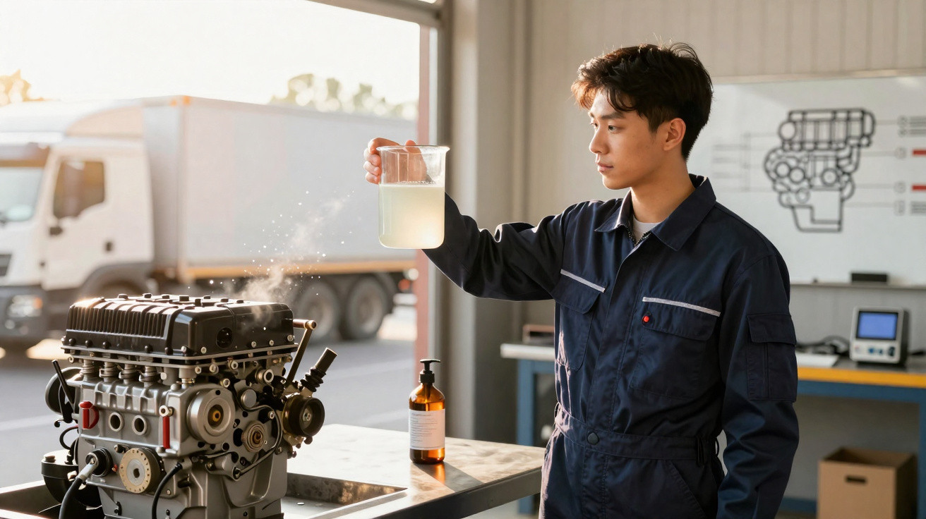 Jovem técnico com macacão azul segura recipiente com líquido próximo a motor em oficina iluminada.
