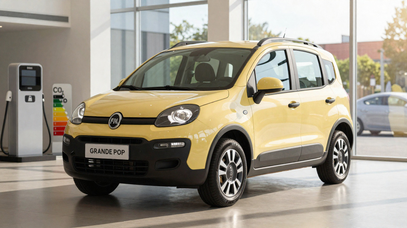 Carro compacto Fiat Grande Pop amarelo estacionado dentro de showroom moderno e iluminado.