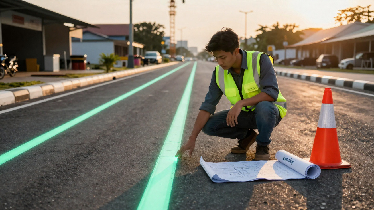 Homem com colete refletivo verifica marcações luminosas no asfalto ao lado de cone e planta.