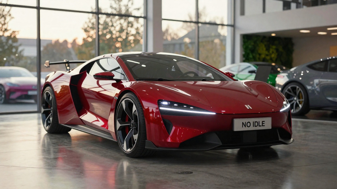 Carro esportivo vermelho com faróis acesos em showroom moderno com carros ao fundo.