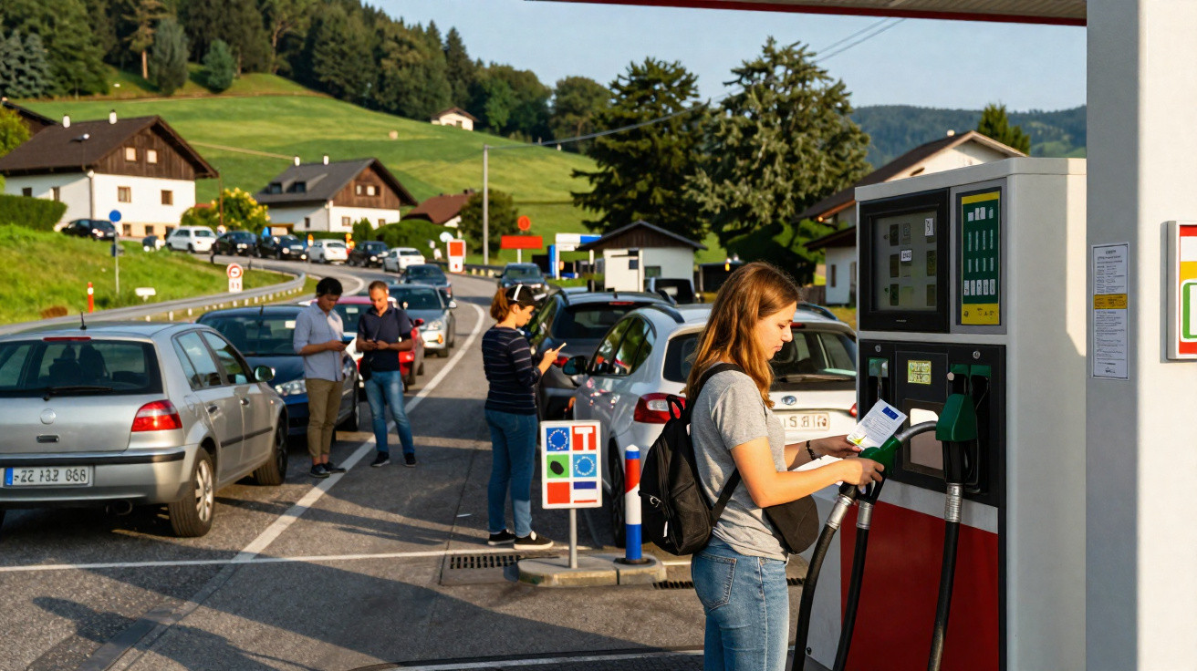 Pessoa abastecendo carro em posto de gasolina com fila de veículos em área rural e casas ao fundo.