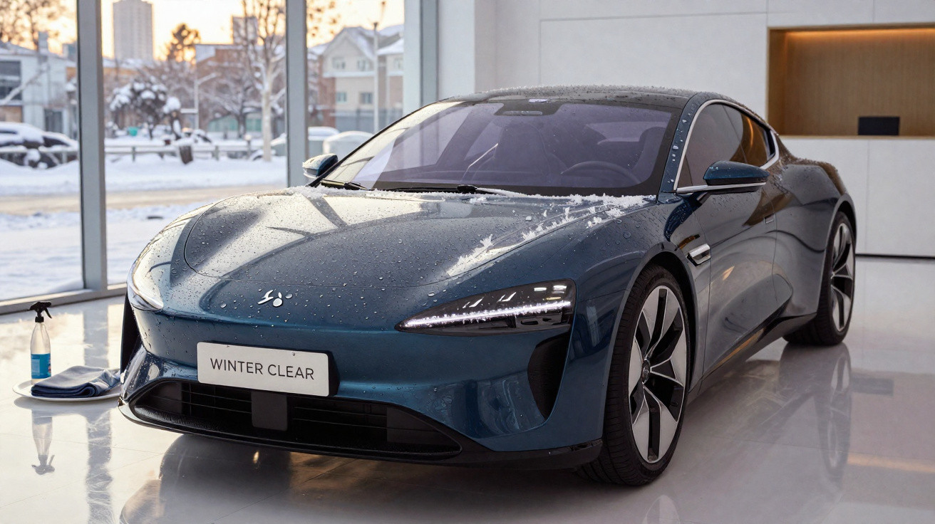 Carro esportivo azul escuro com gotas de água em ambiente interno com grande janela de vidro e neve fora.