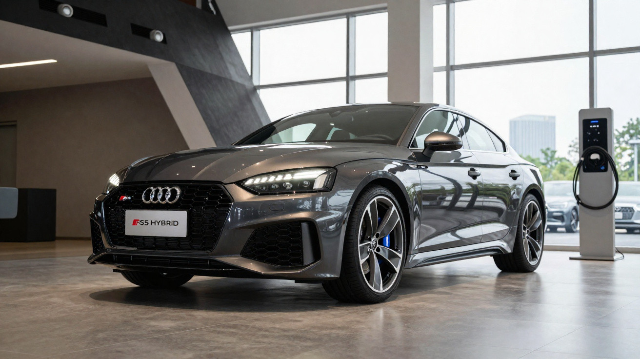 Carro Audi RS5 Hybrid cinza estacionado em showroom moderno com estação de recarga elétrica ao lado.