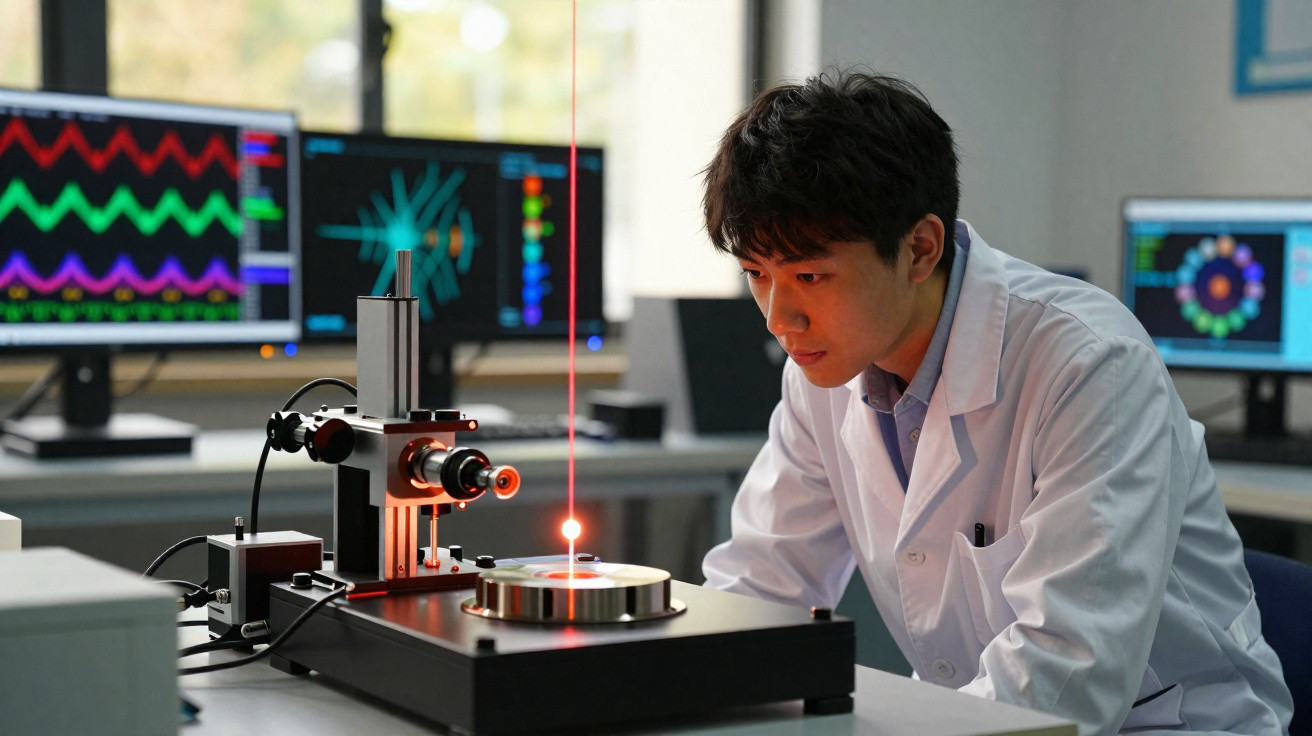 Cientista em jaleco branco observando experimento com laser em laboratório moderno.