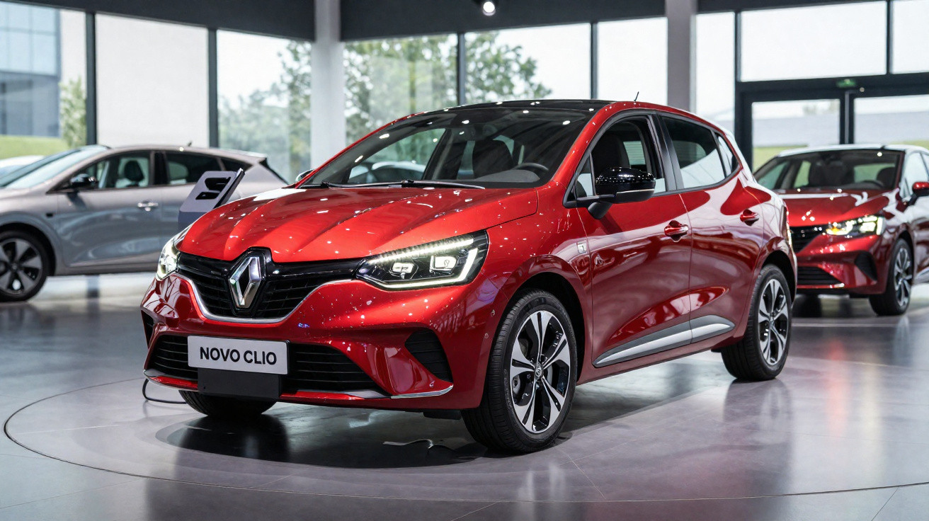 Carro vermelho Renault Novo Clio exposto em showroom moderno com iluminação natural e outros carros ao fundo.