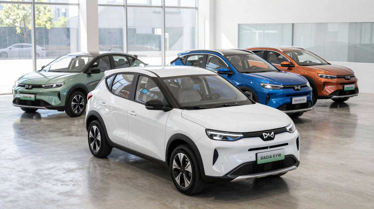Quatro carros elétricos Dacia EV10 em diferentes cores expostos em showroom moderno e iluminado.