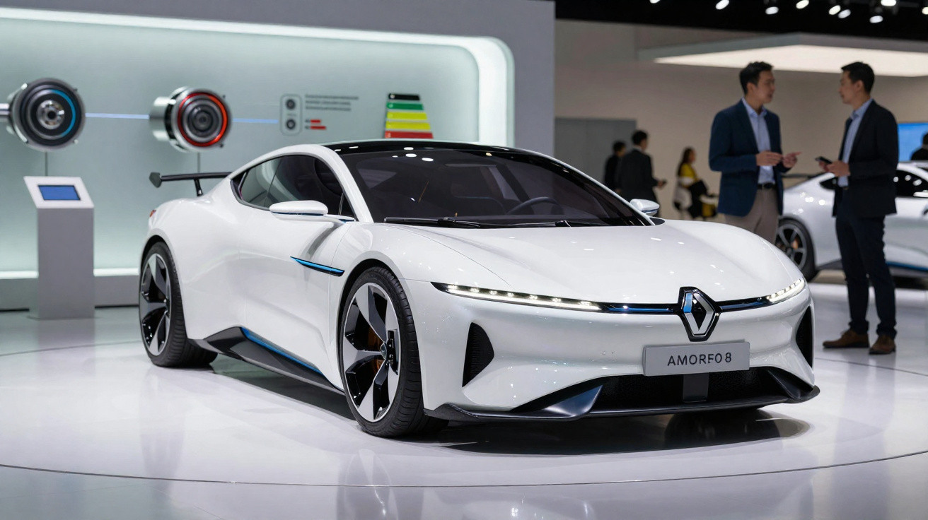 Carro elétrico esportivo branco Renault Amorfo 8 em exposição interna com pessoas ao fundo.