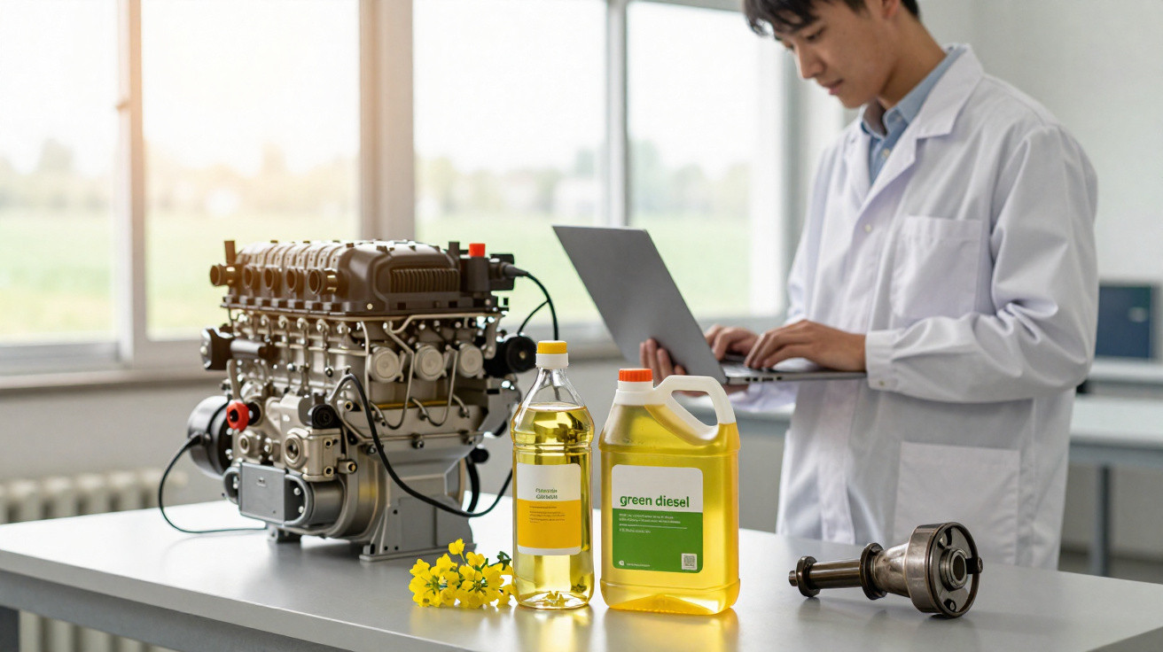 Pesquisador em laboratório com motor, frascos de biodiesel amarelo e flores amarelas sobre mesa branca.