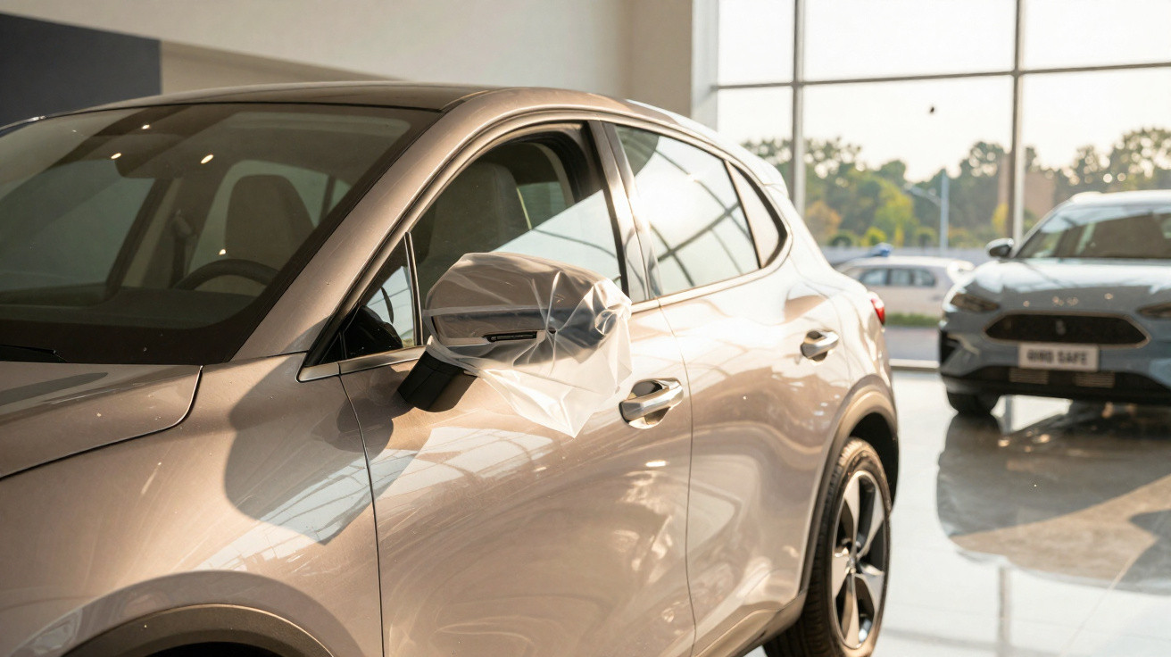 Carro branco em showroom com protetor de plástico no espelho retrovisor no lado do motorista.