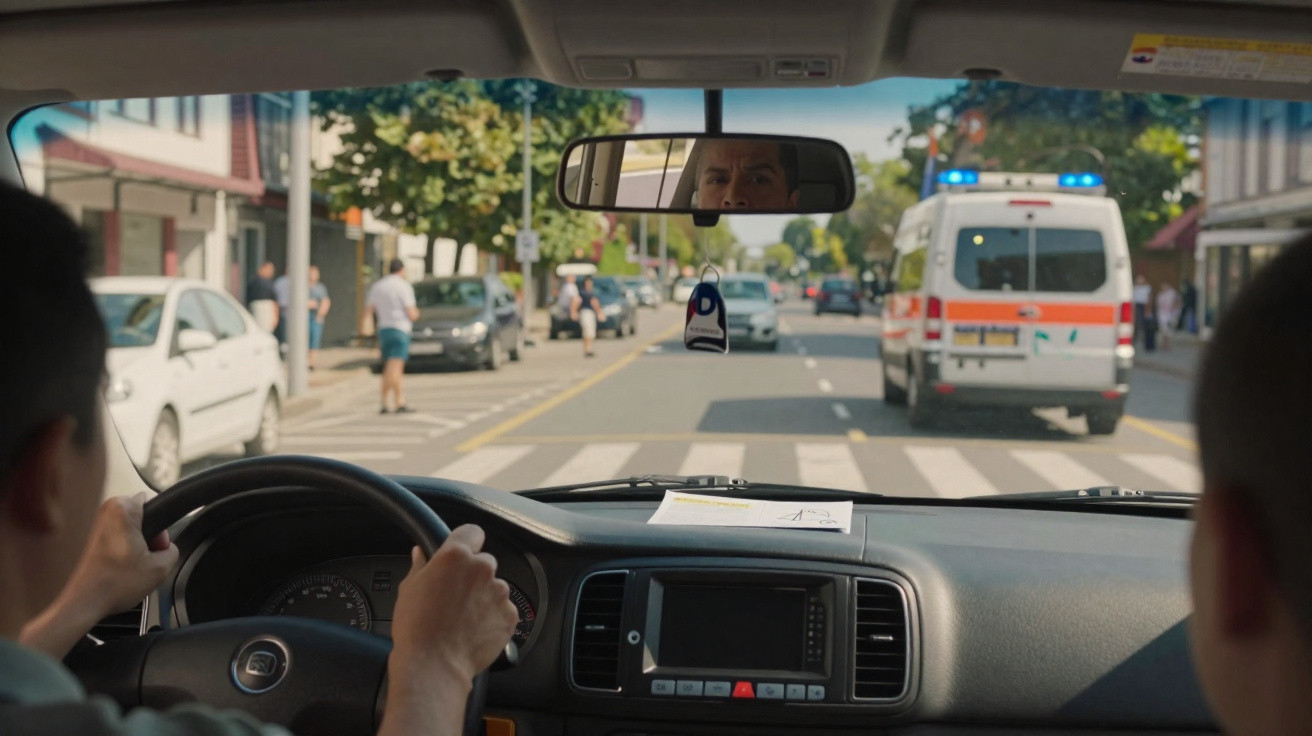 Interior de carro com motorista atento, ambulância com luzes piscando passando à frente na rua movimentada.