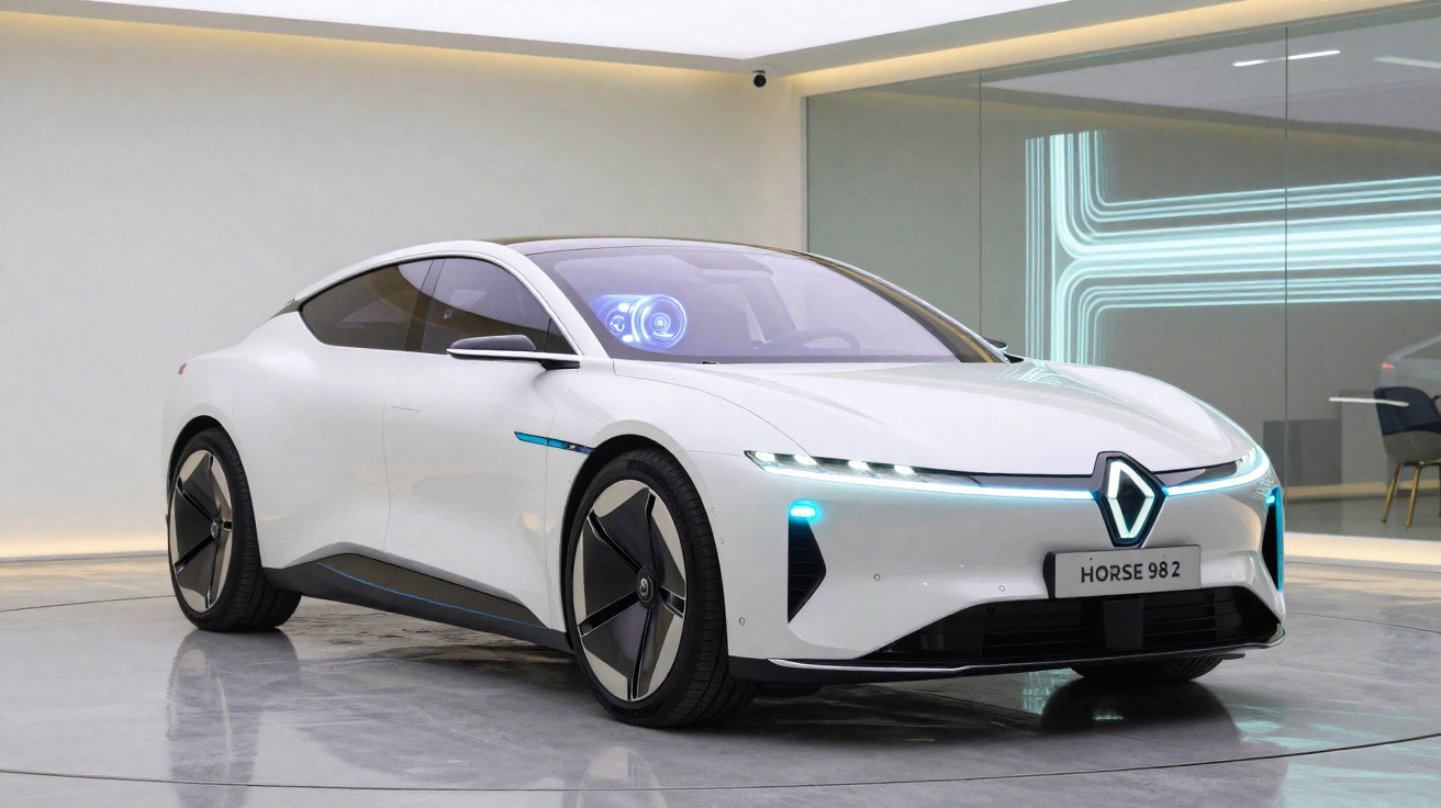 Carro elétrico branco futurista com iluminação azul e design aerodinâmico em ambiente interno moderno.