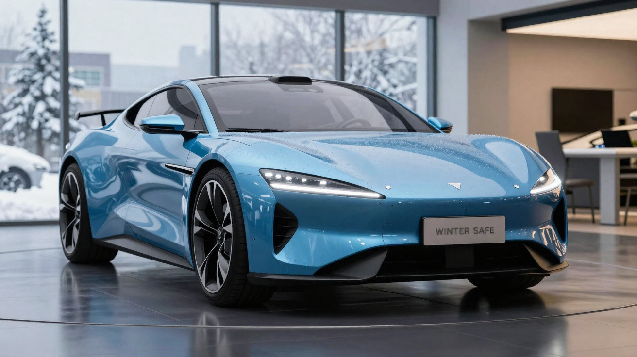 Carro esportivo elétrico azul exibido em salão moderno com janelas e neve ao fundo.