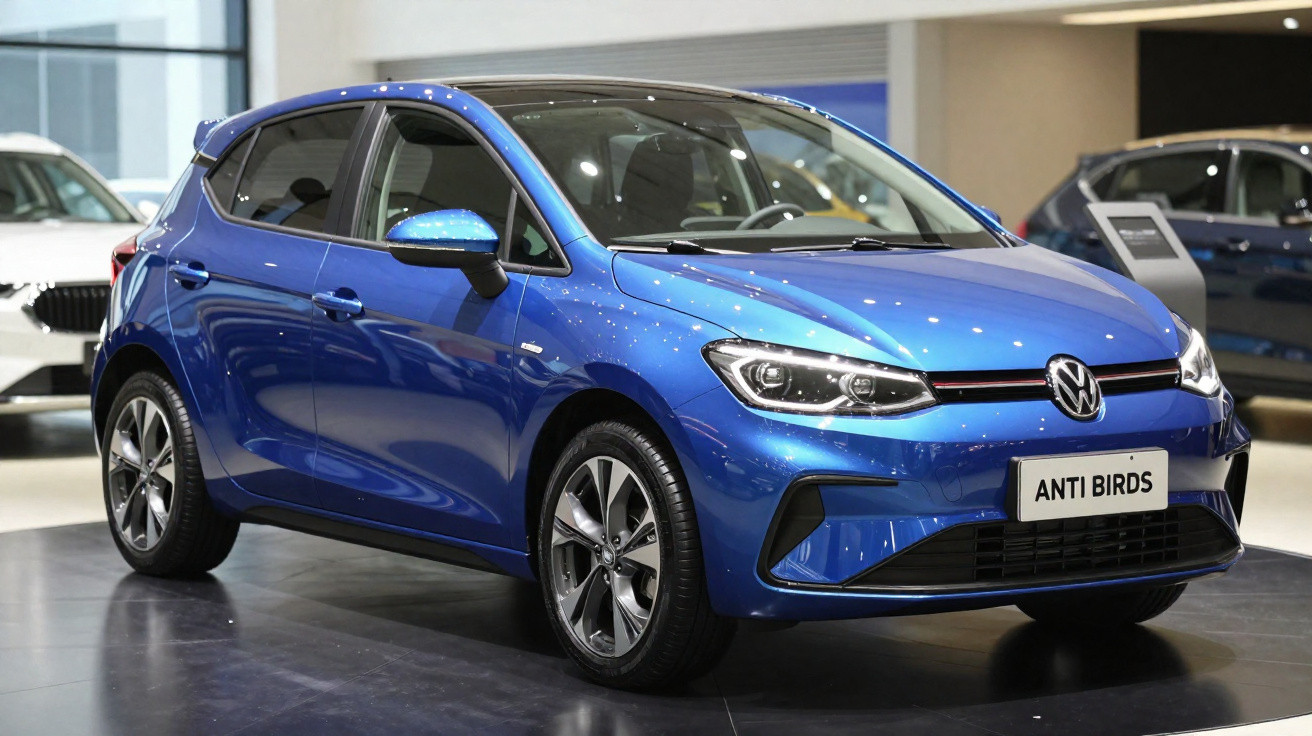 Volkswagen hatchback azul metálico com placa personalizada "ANTI BIRDS" em sala de exposição.