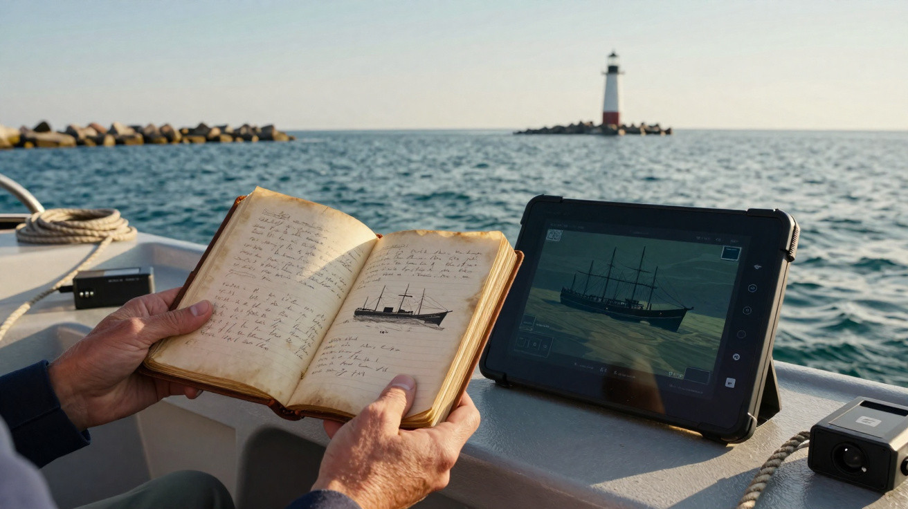 Pessoa segura livro antigo com desenho de navio na mão, tablet exibe imagem similar, com farol ao fundo no mar.