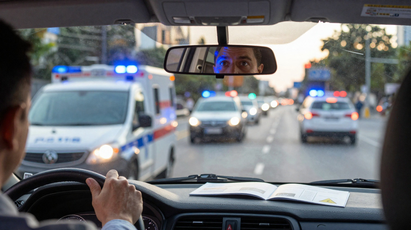 Motorista observa pelo retrovisor viaturas com sirenes ligadas em trânsito urbano movimentado.