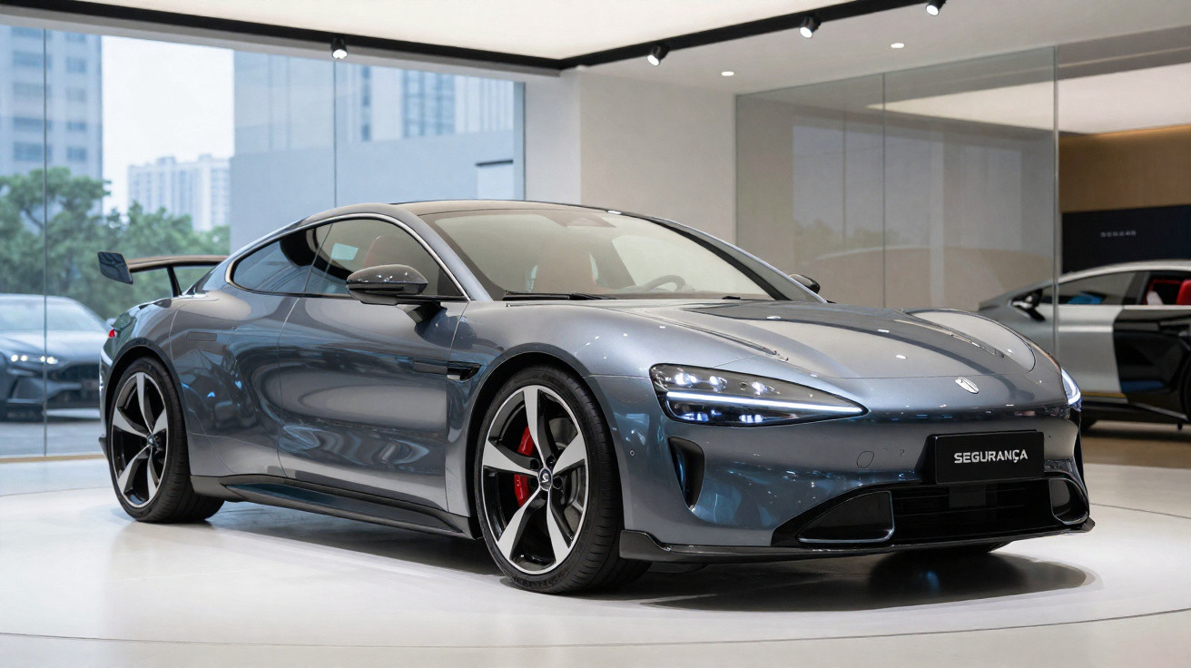 Carro esportivo cinza escuro com design aerodinâmico exposto em showroom moderno com vidro.