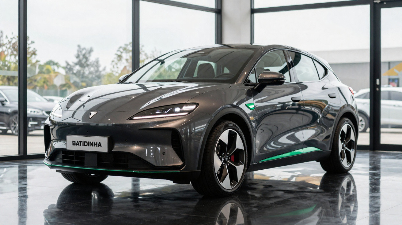 Carro elétrico cinza escuro modelo Batidinha em showroom moderno com vidros grandes ao fundo.