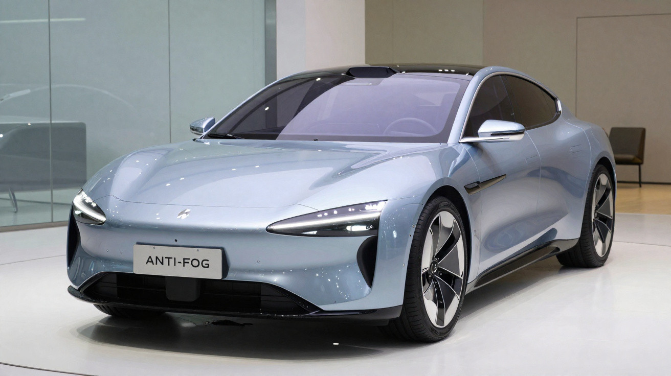 Carro esportivo elétrico prateado em exposição com design aerodinâmico e faróis modernos.