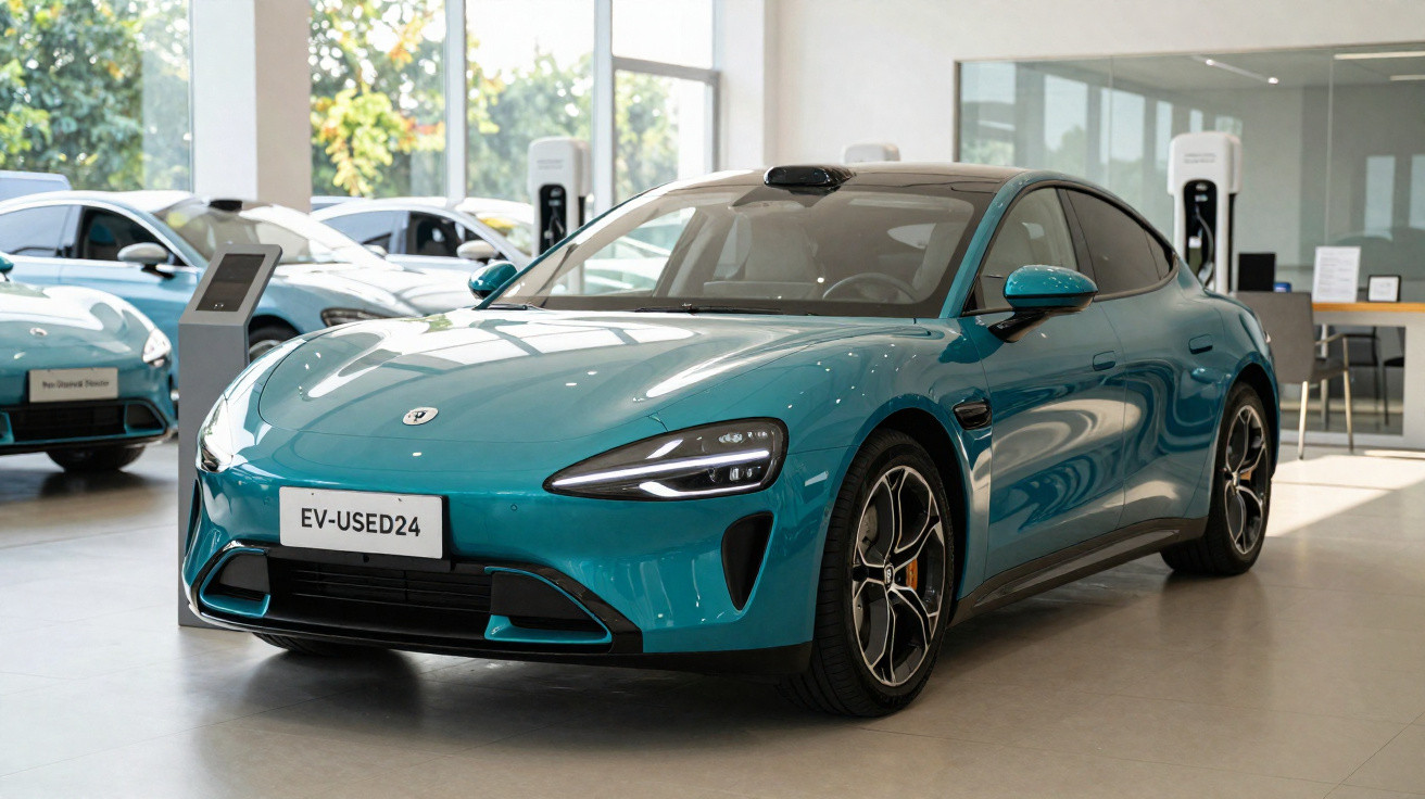 Carro elétrico esportivo azul exibido em showroom moderno com janelas grandes ao fundo.