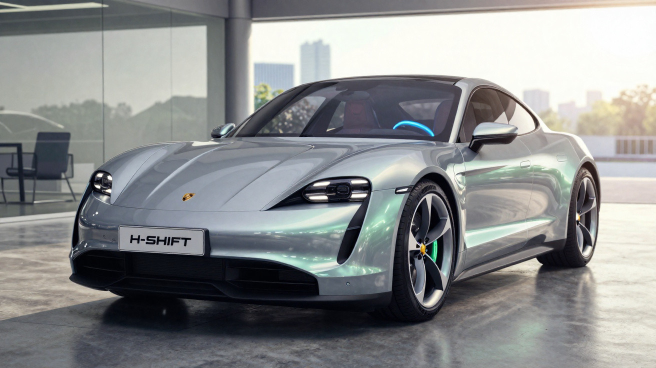 Carro esportivo elétrico Porsche Taycan prata estacionado em ambiente moderno e iluminado.
