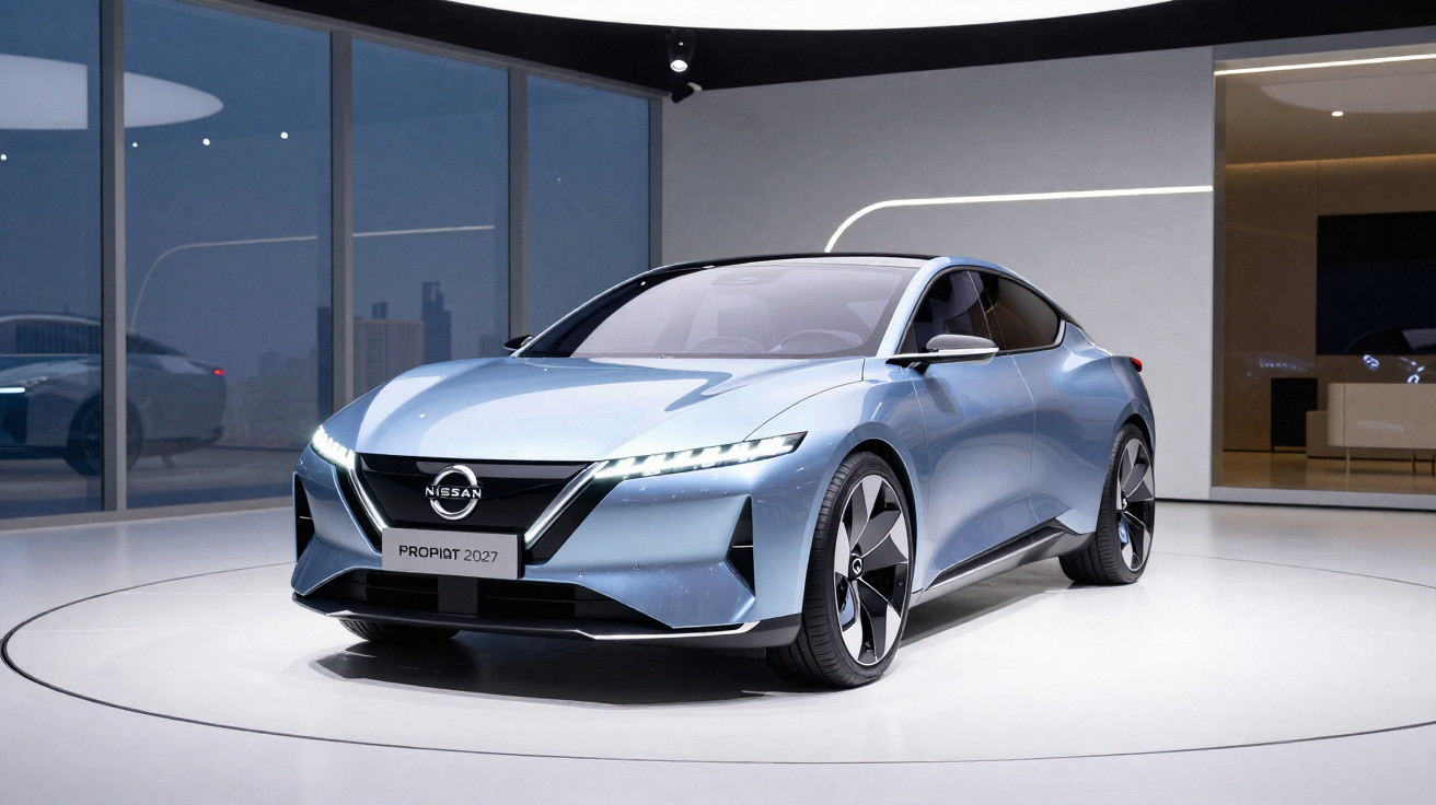 Carro conceito elétrico Nissan ProPILOT 2027 azul exposto em ambiente moderno e iluminado.
