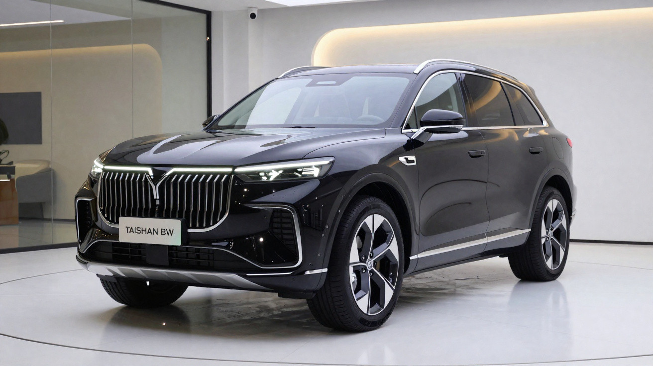 SUV preto Taishan BW exibido em ambiente interno moderno com iluminação branca.