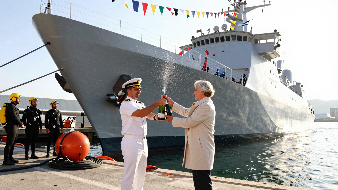 Oficial da marinha e homem em terno celebram com champanhe na entrada de um navio militar no porto.